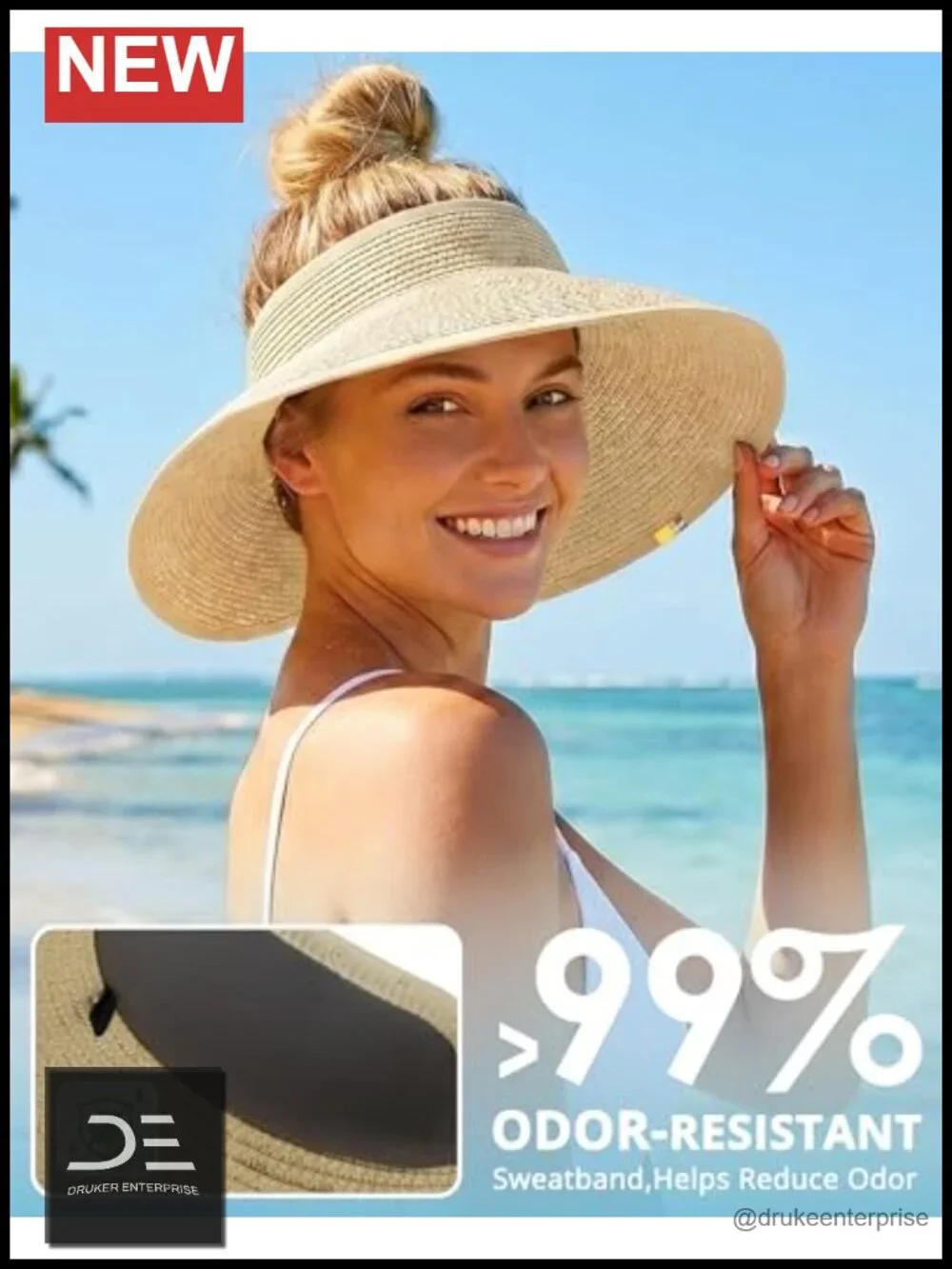 UPF50 Sun Hat Wide Brim Straw Visor Ponytail-Friendly Packable Beach Hat